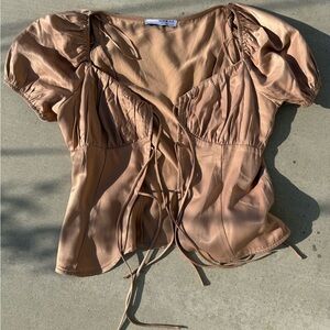 Sophie Rue Brown Puff Sleeve Ruched Blouse